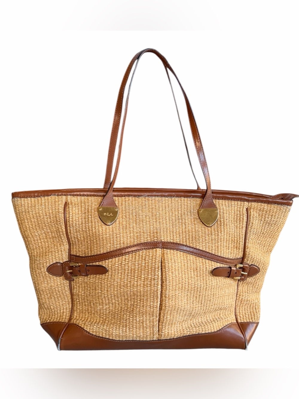 Lauren Ralph Lauren Straw Woven Tote Bag Brown Leather Trim Gold RL Logo Preowne - Picture 3 of 11